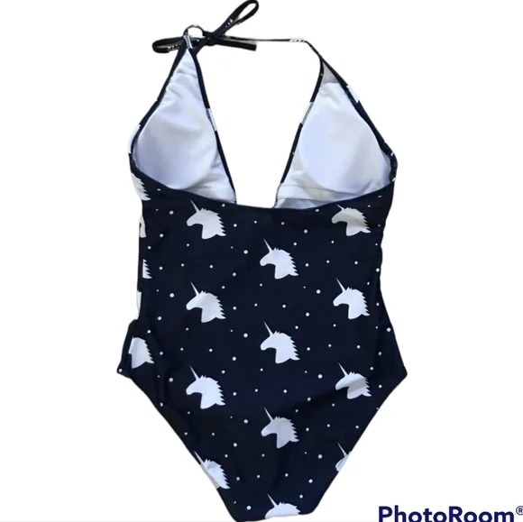 Pat Pat Unicorn Navy Blue and White One Piece Halter Swimsuit sz medium - Picture 2 of 3